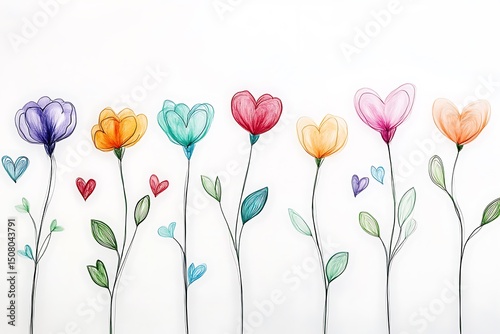 Colorful hand drawn flowers with hearts white background