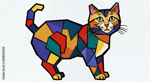 Cubist Style Oil Painting of a Cat Isolated on a White Background Featuring Blue Red Yellow and Teal Geometric Shapes Bold Colors and Angular Forms