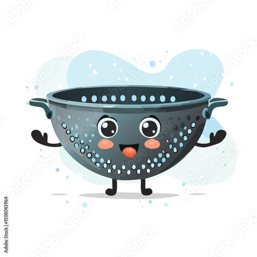 colander in cute cartoon character style with expressive face and limbs.