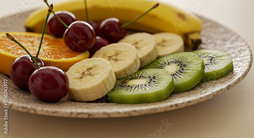 Fresh Fruit Platter Sliced Bananas Kiwi Cherries Orange