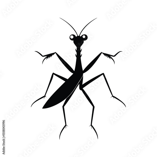 Black and white stylized illustration of a praying mantis insect isolated on a white background