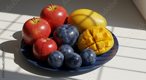 Sunlit Still Life Fresh Red Apples Plums and Diced Mango on Blue Plate