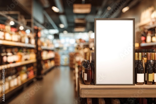Blank sign in a store with shelves stocked with bottles blurred in background.