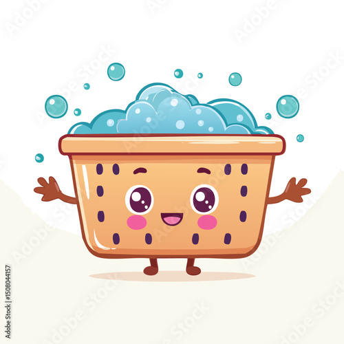laundry basket in cute cartoon character style with expressive face and limbs.