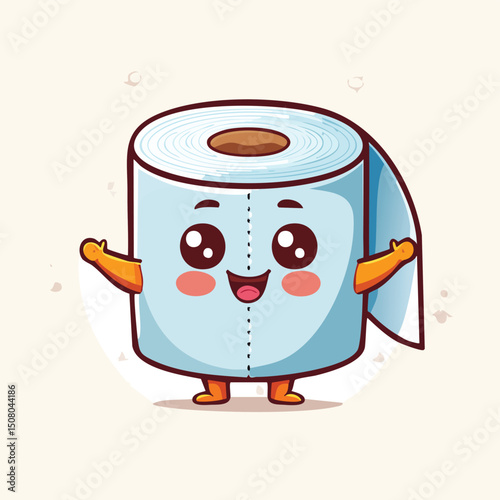 toilet paper in cute cartoon character style with expressive face and limbs.