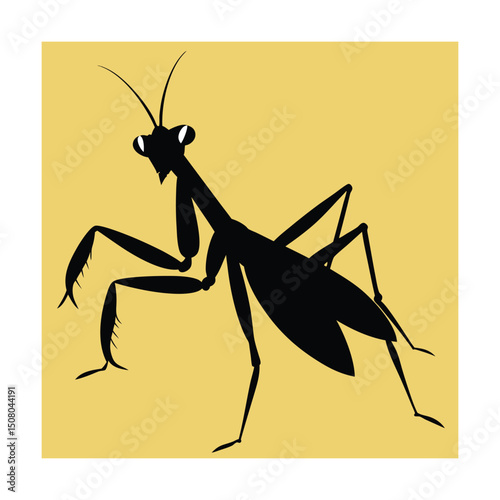 Silhouette of a praying mantis in black against a yellow background vector illustration