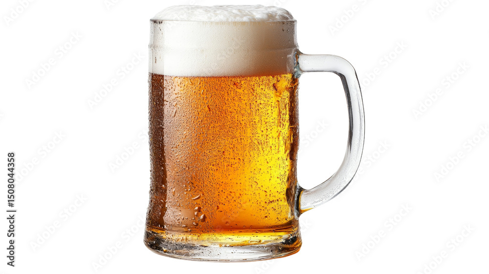 A glass of cold beer with a thick foamy head, ready to drink,Transparent background, PNG file A glass of cold beer with a thick foamy head, ready to drink,Transparent background, PNG file