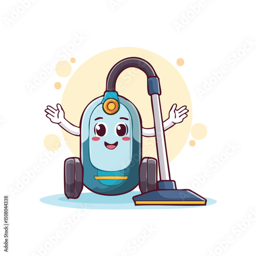vacuum cleaner in cute cartoon character style with expressive face and limbs.