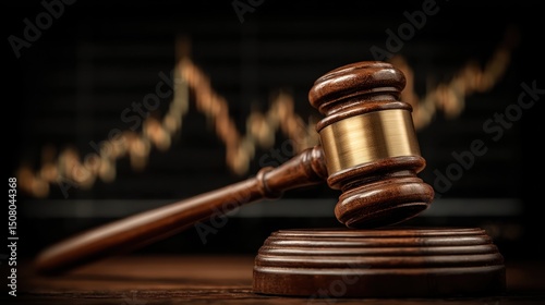Wooden gavel on stand with blurry financial chart background representing legal matters.