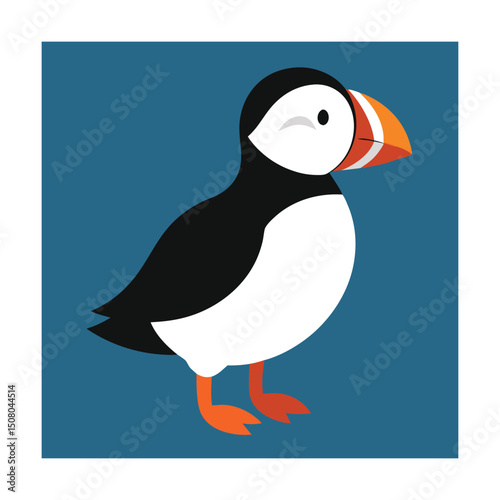 Adorable cartoon illustration of a puffin bird with a colorful orange beak and feet