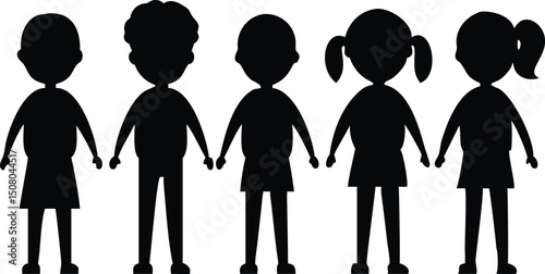 Silhouetted children holding hands stand together showing friendship and unity in a monochrome color palette