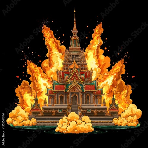 a traditional Thai temple engulfed in fiery explosions and smoke, portrayed in colorful comic-book style with intricate architecture and dramatic energy photo