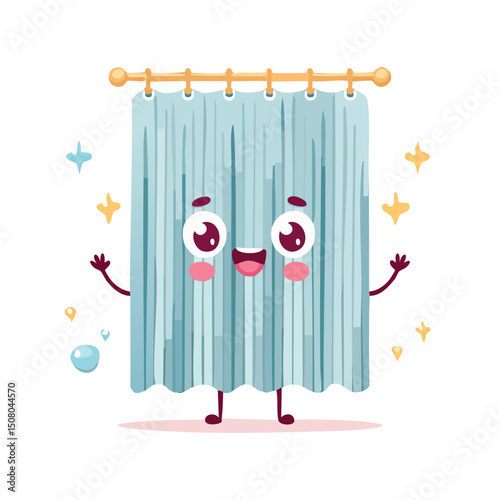 shower curtain in cute cartoon character style with expressive face and limbs.
