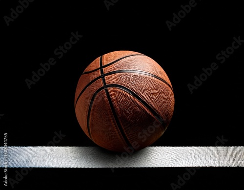 a basketball placing on a white line; black background