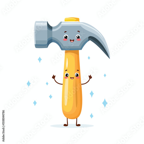 hammer in cute cartoon character style with expressive face and limbs.