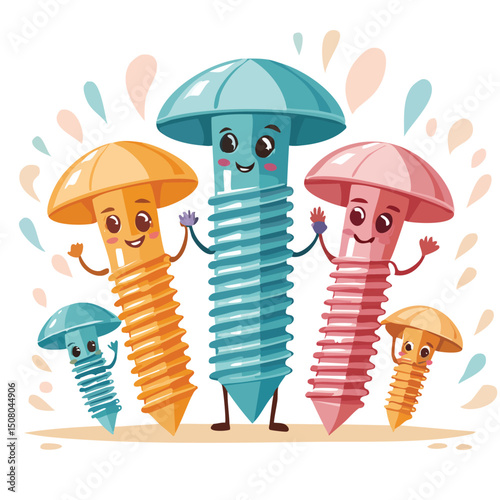 screws in cute cartoon character style with expressive face and limbs.