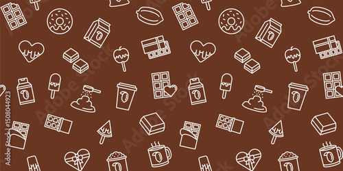 Sweet Treats and Dessert Outline Icon Pattern on Brown Background - Seamless Vector Design for Bakery, Cafe, and Confectionery