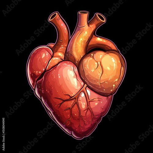 illustration of a realistic human heart, richly shaded in warm tones of red and orange, emphasizing its anatomical structure and organic curves, symbolizing life, emotion, and biological power. photo