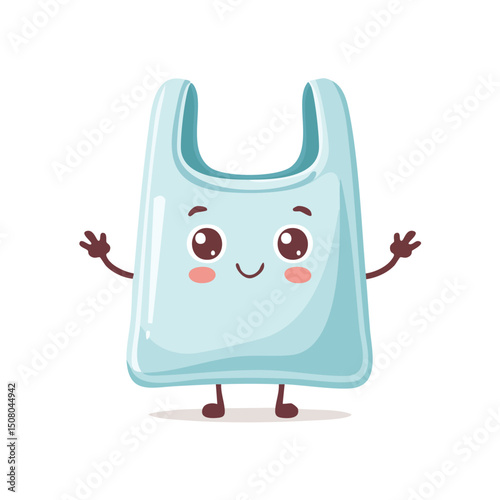 plastic bag in cute cartoon character style with expressive face and limbs.