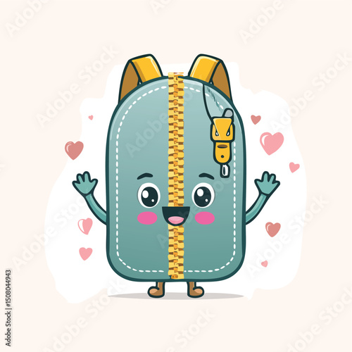zipper bag in cute cartoon character style with expressive face and limbs.