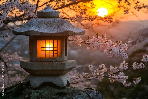 Illuminated stone lantern sunset cherry blossoms japan