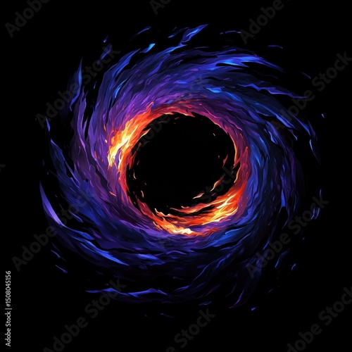 A fiery cosmic vortex spiraling into a dark void, symbolizing destruction, chaos, and the pull of an interdimensional force, with blazing purple and orange energy swirling into oblivion