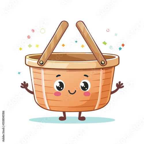 storage basket in cute cartoon character style with expressive face and limbs.