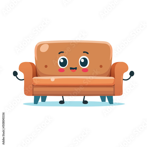 sofa in cute cartoon character style with expressive face and limbs.
