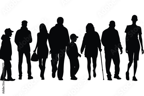 Silhouetted people of varying ages stroll peacefully side by side against a white backdrop