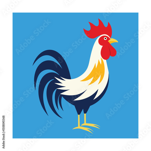 Colorful rooster illustration on a vibrant blue background depicting poultry farm animal