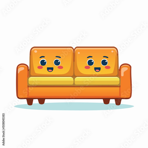 couch in cute cartoon character style with expressive face and limbs.