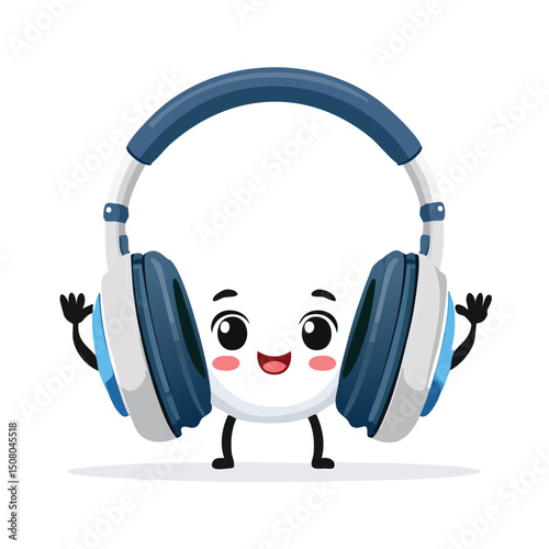 headphones in cute cartoon character style with expressive face and limbs.