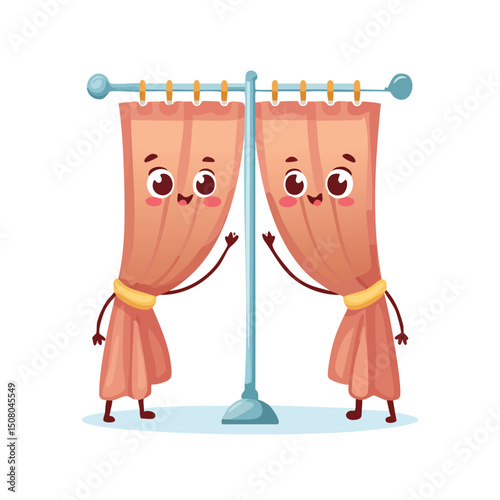 curtain rod in cute cartoon character style with expressive face and limbs.