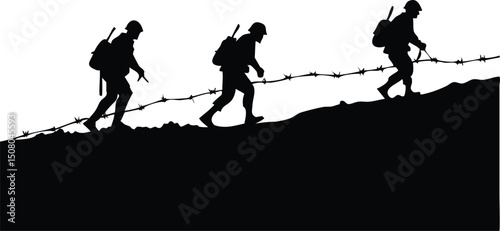 Silhouetted soldiers with helmets hike through barbed wire on a dark battlefield, suggesting struggle