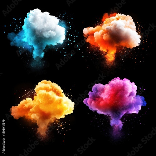 four colorful cloud explosions, each bursting with glowing energy and dust particles—blue-white, orange-white, yellow-orange, and pink-purple—floating against a black background
