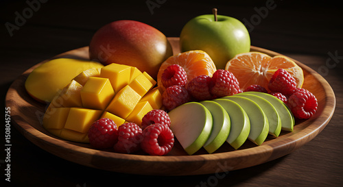 Delicious Fresh Fruit Platter Mango Apple Raspberry Mandarin on Wooden Tray