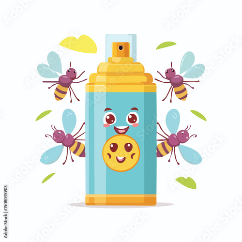 insect spray in cute cartoon character style with expressive face and limbs.