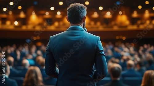 A business leader giving a motivational speech at an employee appreciation event 
