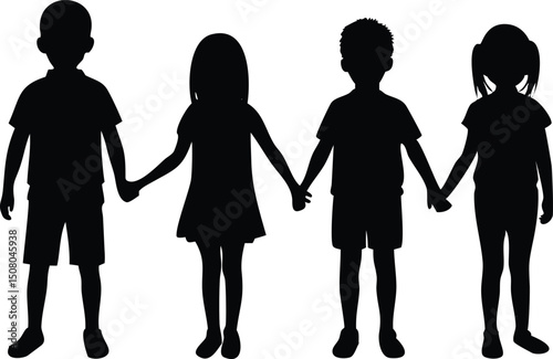 Silhouetted young children of diverse ethnicities stand holding hands in unity, togetherness is clearly evident