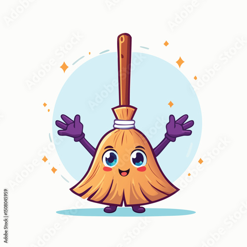 broomstick in cute cartoon character style with expressive face and limbs.