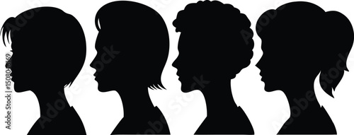 Silhouettes of diverse women display different haircuts and hairstyles in a simple black