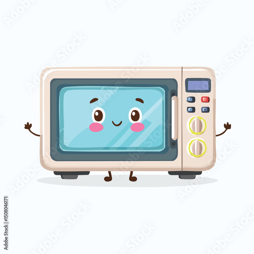 microwave in cute cartoon character style with expressive face and limbs.