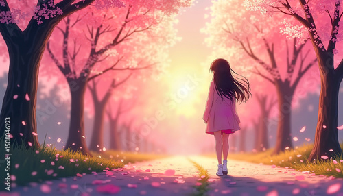 anime young girl walking on path surrounded by cherry blossom trees  