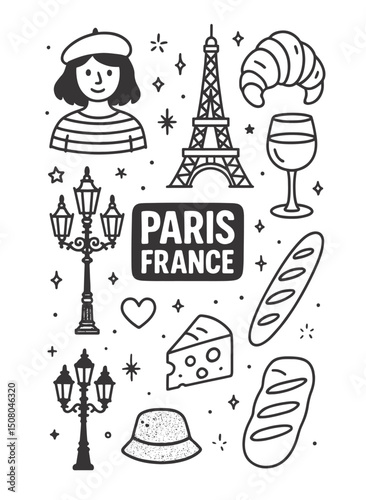 Parisian Symbols Illustration in Black and White