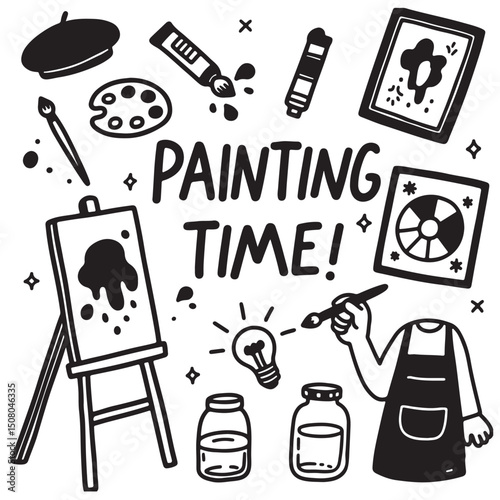 Art Supplies Illustration with painting Time! Text 2