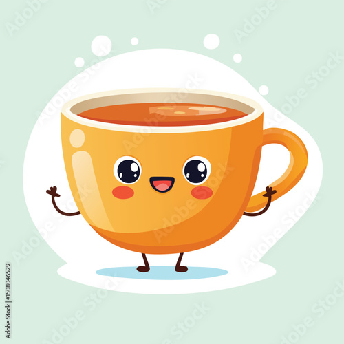 Tea cup in cute cartoon character style with expressive face and limbs.