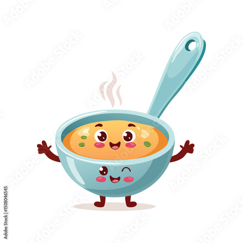 Soup spoon in cute cartoon character style with expressive face and limbs.