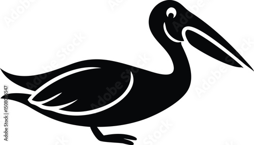 Smiling black pelican illustration with a unique design, a simple, eyecatching avian