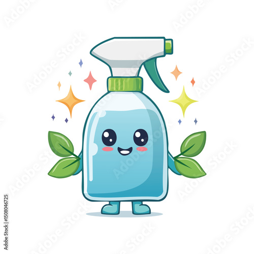 Spray bottle in cute cartoon character style with expressive face and limbs.