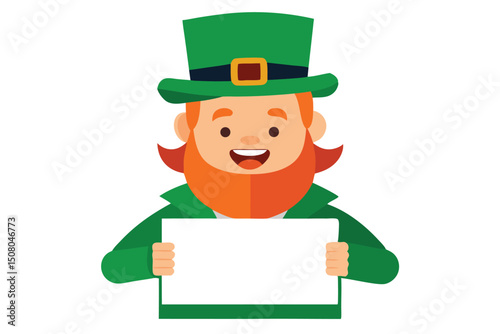 Smiling cartoon leprechaun with a red beard holds a blank white sign in his hands